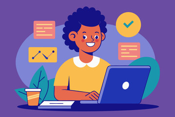 Happy person working on a laptop with charts and checkmarks
