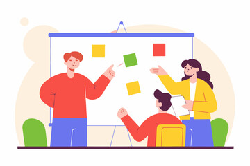 Team collaborating on a project using sticky notes on a whiteboard