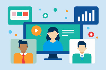 Diverse team collaborating remotely through video conference and online presentations