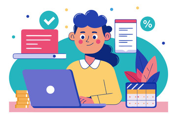 Young woman working on laptop with financial and planning elements