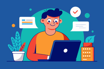 Young man working on laptop with chat bubbles and checkmark