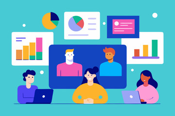 Diverse team collaborating remotely with data visualizations and video conferencing