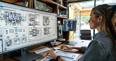 Woman working on architectural plans in modern office