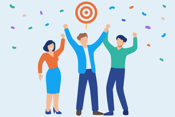 Diverse team celebrating success with target and confetti