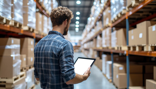 Hombre con tableta en almac&eacute;n log&iacute;stico supervisando inventario y gesti&oacute;n de productos con fondo de estanter&iacute;as
