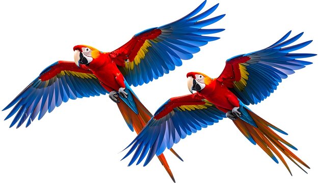 Two vibrant red, yellow, and blue macaws in flight against a white background