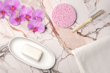 hygiene items on the marble surface