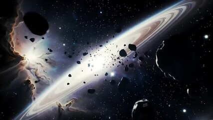 Asteroid field near nebula; cosmic dust, ringed planet background; space exploration - Powered by Adobe