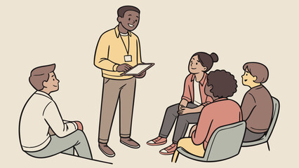 Diverse Group Therapy Session Illustration Flat Design:  Smiling Therapist Leads Supportive Meeting with Patients