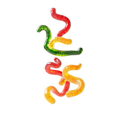 Naklejka premium Colorful gummy worms in a playful arrangement isolated on transparent background