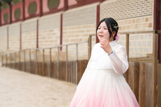 In Seoul in June 2025, two Korean women in their twenties wearing pink and sky-blue hanbok stand in front of the traditional brick gate of Gyeongbokgung Palace, their poise echoing ancient grace.