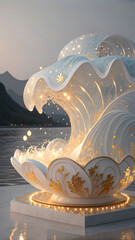 Artistic Wave Sculpture with Lights Emerging from Ornate Bowl by Mountain Lake