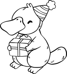 Cute Platypus Birthday wears Party Hat Holding Gift Doodle Outline, Australia Animal Birthday
