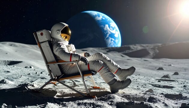 Astronaut Relaxing on Moon, Earthrise View - Powered by Adobe