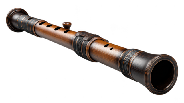 A brown wooden flute with black bands and a key isolated on transparent background - Powered by Adobe