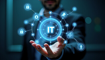 Businessman Touching Digital IT Interface with Security and Networking Icons