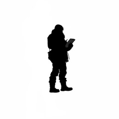 Silhouette of arctic researcher taking notes in freezing weather on white background