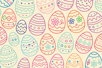 Vector background pattern filled with colorful Easter eggs, each uniquely decorated with stripes, dots, and swirls, symbolizing joy, renewal, and festive celebration.

