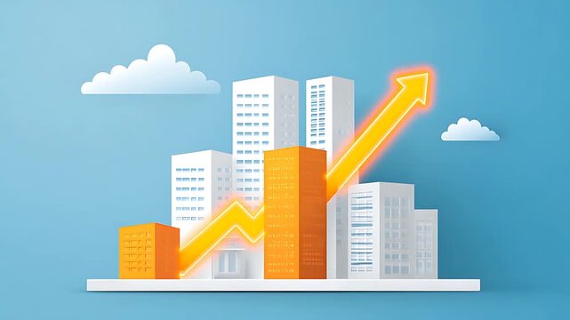 Real Estate Growth: Cityscape with Rising Orange Arrow - Powered by Adobe