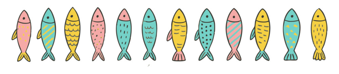 Colorful fish pattern illustration, whimsical sea life art, aquatic animals design, ocean themed drawing, cute fishies