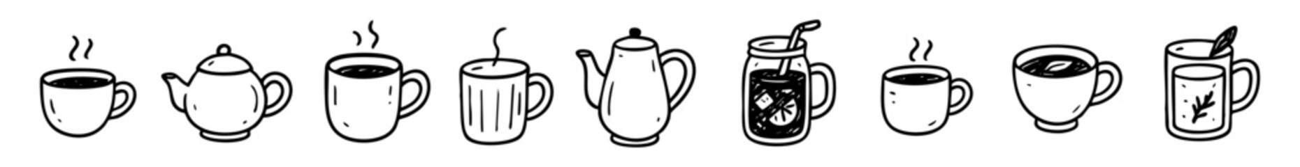 Hand drawn coffee cups and tea pots vector illustration for cafe menu and kitchen decoration design