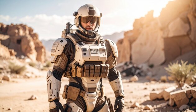 Futuristic Soldier in Desert Landscape, Wearing Advanced Combat Armor and Helmet