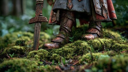 Knight leaning on eco sword as moss spreads beneath feet