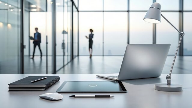 Modern office workspace with laptop and tablet for business productivity and collaboration solutions - Powered by Adobe