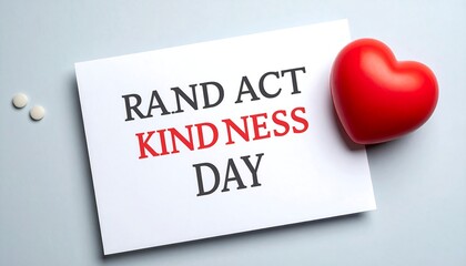 White card with "Rand Act Kindness Day" in red text, next to a small red heart on a light gray background