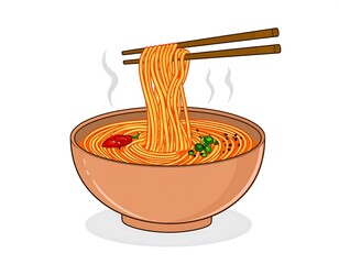 Illustration of a bowl of hot noodles with chopsticks and flavorful toppings offering a delightful