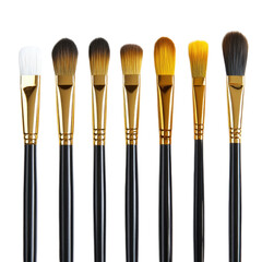 Collection of makeup brushes with golden ferrules isolated on transparent background