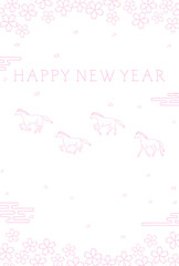 2026年午年の和風年賀状、桜のフレームと動き出す馬たち