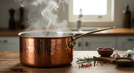 Steaming Copper Pot with Herbs and Spices in a Rustic Kitchen Setting Gourmet Cooking