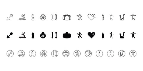 Fitness and Gym Icons, Dumbbells, Treadmill, Kettlebell, Heart Rate, Exercise and Workout Vector Set