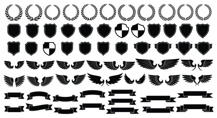 Collection of vector heraldic elements including laurel wreaths shields wings and ribbons perfect for creating logos or designs