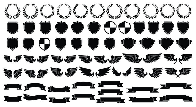 Collection of vector heraldic elements including laurel wreaths shields wings and ribbons perfect for creating logos or designs