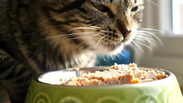 Tabby cat eats pate indoors, near window