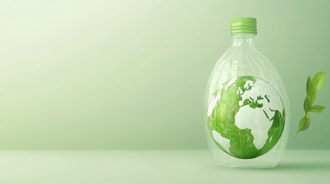 Planet Earth inside a transparent plastic bottle, symbolizing environmental conservation and recycling.