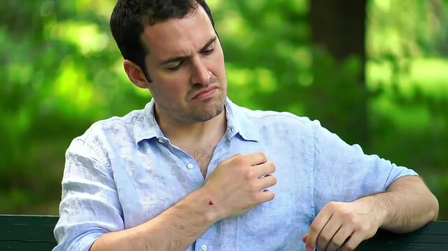 Man examining insect bite on arm, park bench, green background, medical