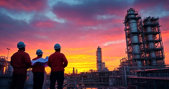 Workers observing sunset at industrial site with towers