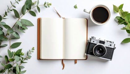 Open journal with vintage camera, coffee, and eucalyptus branches on white background