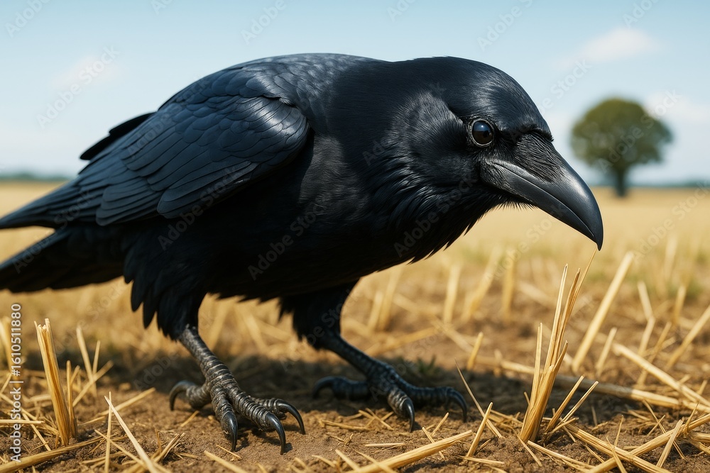 Aufkleber close-up of a black raven standing on dry straw field under clear sky with soft light and a blurred 