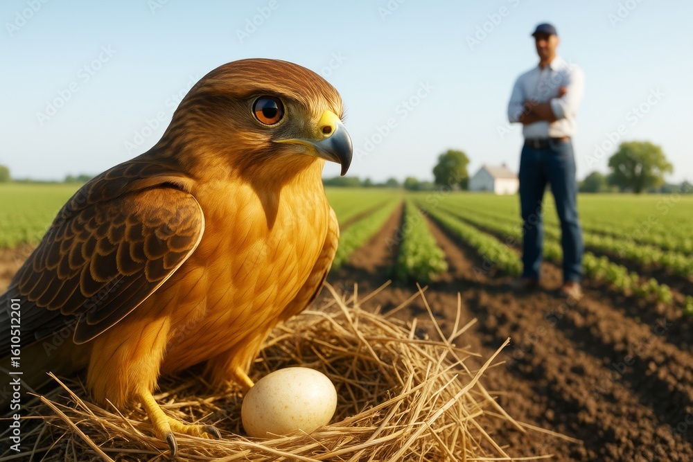 Aufkleber majestic hawk guarding egg in nest with blurred farmer on field background under clear sky in warm m