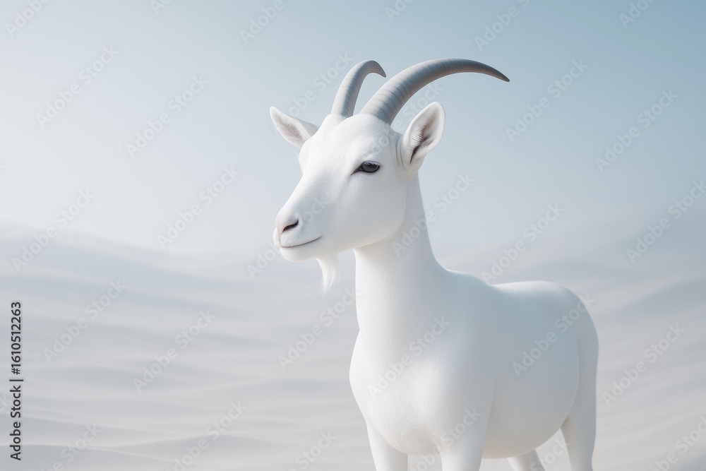 Poster white goat with curved horns standing in soft light on a minimal abstract background of pale sand du