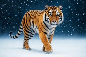 Obraz premium Majestic tiger walking confidently through snowy forest at night with falling snow and soft light on dark blue background. Ai generative. Ai generative
