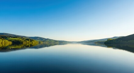 Obraz premium Still lake reflects clear sky surrounded by green hills