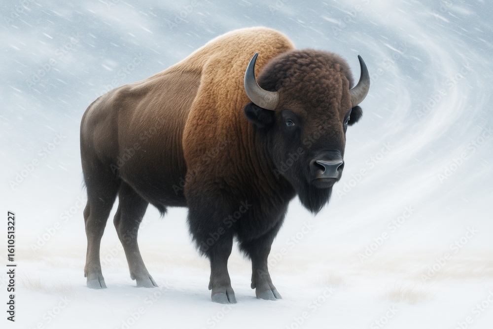 Poster majestic bison standing strong in a swirling snowstorm with a soft abstract light background in a wi