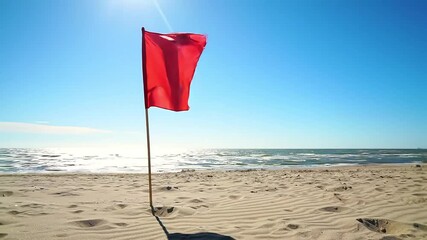 Red flag beach warning, sunny ocean background
