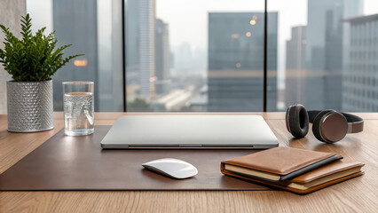 Modern workspace setup with laptop, headphones, and plant for productivity and focus at home office