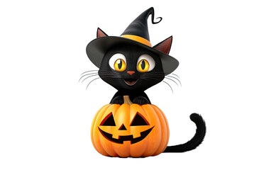 Cute cartoon black cat wearing witch hat on pumpkin isolated on transparent background